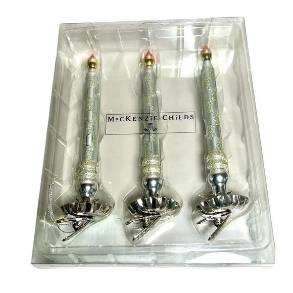 Mackenzie Childs Sterling Check Glass Candle Clips Ornaments Set of 3 NEW - Picture 2 of 3